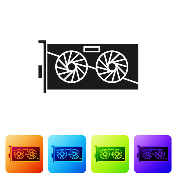 Fekete Video grafikus kártya ikon elszigetelt fehér háttérrel. Állítsa ikonok színes négyzet gombok. Vektorillusztráció - Vektor, kép