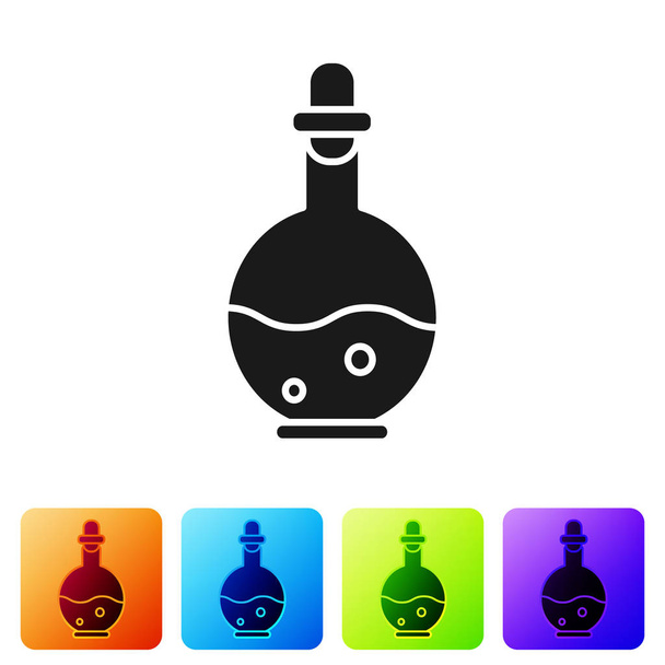Garrafa de vidro preto com ícone de elixir mágico isolado no fundo branco. Activo do jogo de computador. Definir ícones em botões quadrados de cor. Ilustração vetorial
 - Vetor, Imagem