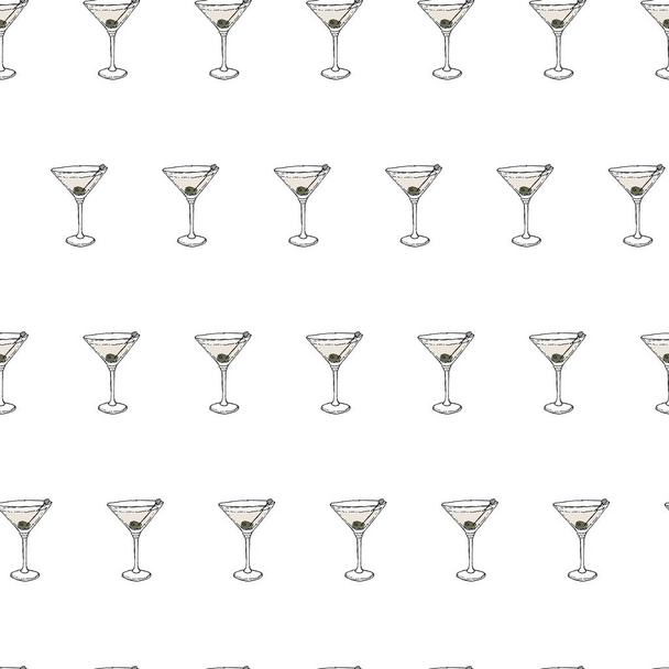 Martini dry Cocktail seamless pattern. Hand drawing sketch outlines on white background. Vector Illustration. EPS10 - Vetor, Imagem