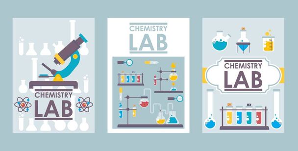 Химические лабораторные баннеры, векторная иллюстрация. Проектирование обложки научной брошюры, шаблон лабораторного буклета. Химические символы в плоском стиле, научно-исследовательские символы
 - Вектор,изображение