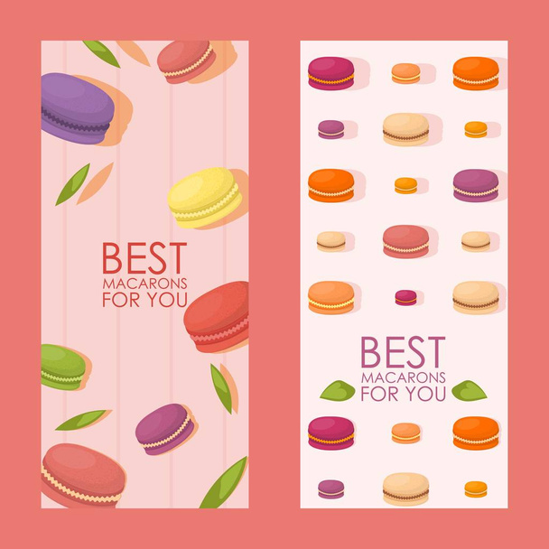 Beste macarons verticale banner, vector illustratie. Snoepgoed reclamecampagne, kleurrijke Franse macarons, banketbakkersassortiment, selectie van heerlijke koekjes - Vector, afbeelding