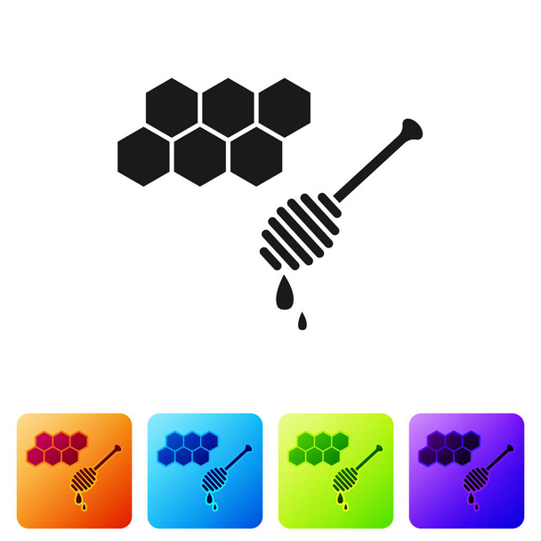 Μαύρο Honeycomb με μέλι dipper stickicon απομονώνονται σε λευκό φόντο. Γλυκό κουτάλα. Σύμβολο κυττάρων μελιού. Γλυκό φυσικό φαγητό. Ορισμός εικονιδίων σε χρωματιστά τετράγωνα κουμπιά. Εικονογράφηση διανύσματος - Διάνυσμα, εικόνα