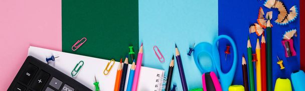 Banner of School or office stationery on colorful background. Back to School. - Foto, afbeelding