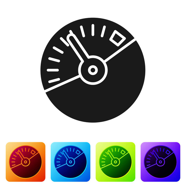 Schwarzes Tacho-Symbol isoliert auf weißem Hintergrund. Setzen Sie Symbole in farbigen quadratischen Tasten. Vektorillustration - Vektor, Bild