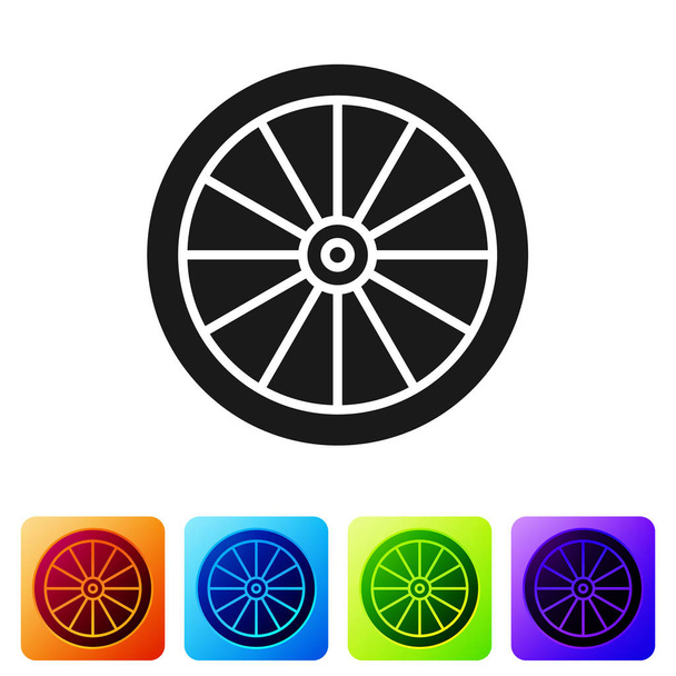 Значок колеса чорного автомобіля ізольовано на білому тлі. Встановити піктограми у квадратних кнопках кольорів. Векторна ілюстрація
 - Вектор, зображення
