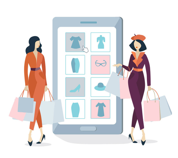 two young beautiful women make shopping with smartphone, buying clothes online, vector illustration - Vector, Image