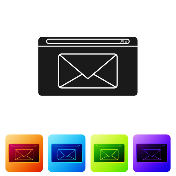Czarna Poczta i ikona e-mail izolowane na białym tle. E-mail z symbolem koperty. Znak wiadomości e-mail. Zestaw ikon w kolorach kwadratowych przycisków. Ilustracja wektora - Wektor, obraz