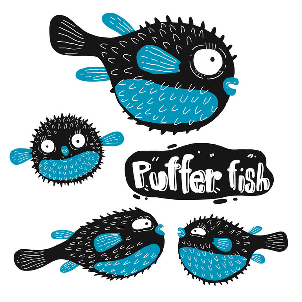 Set of puffer fish silhouette - Vector, Image