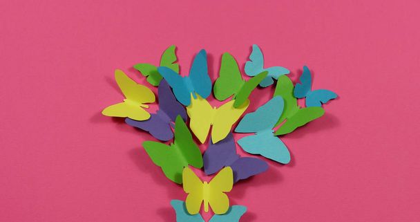 Colored butterflies fly around on a colored paper background. - Photo, Image