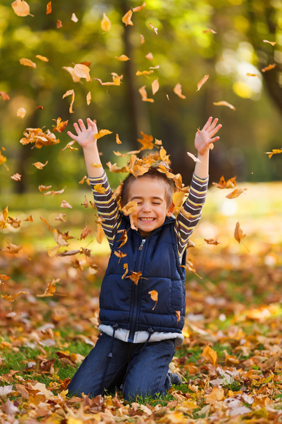 niño feliz con hojas de otoño
 - Foto, Imagen