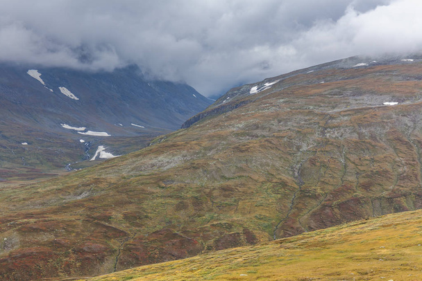 View of the valley. Northern Sweden, Sarek National Park in stormy weather. selective focus - Фото, зображення
