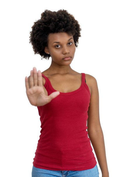 African american young adult woman gesturing stop - Foto, immagini