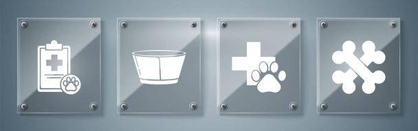 Set Crossed bones, Veterinary clinic symbol, Protective cone collar and Clipboard with medical clinical record pet. Square glass panels. Vector - Vector, Image