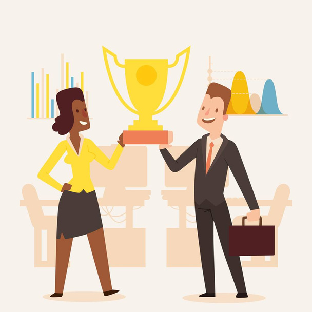 Award winning business company, man and woman holding trophy, vector illustration. Successful business people cartoon characters, partners in professional team - Vector, Image