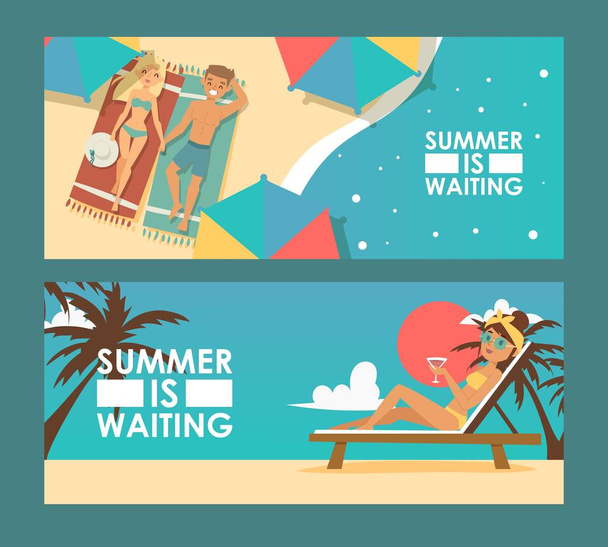 Summer vacation advertisement banner, vector illustration. Tour agency promotion campaign flyer, romantic holiday trip offer. Luxury tropical resort, man and woman enjoy summer beach - Vector, Image