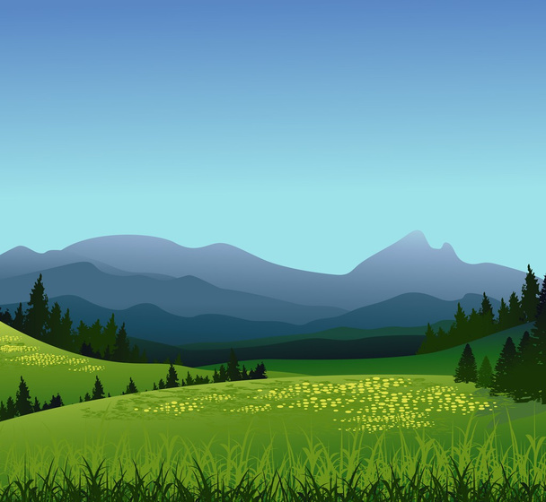 松の森と山の背景を持つ美しさの風景 - ベクター画像