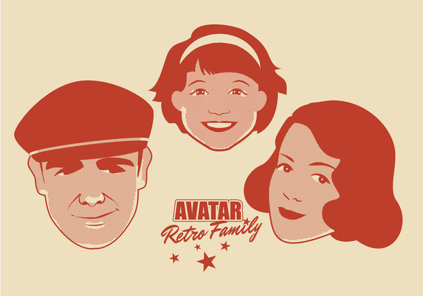 Avatar Retro Family. Cartoon faces woman, man and child retro style - Vector, Image