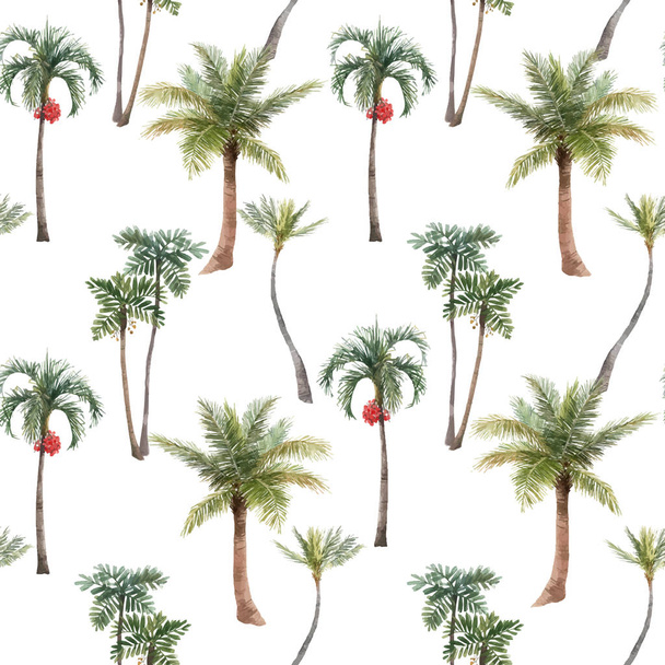 Beautiful vector seamless pattern with watercolor hand drawn tropical jungle palms. Stock illustration. - Vector, Image
