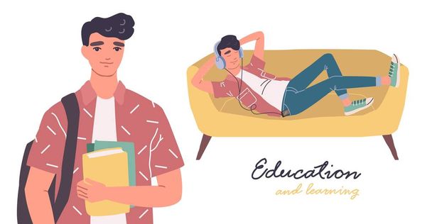 student image set. online education. A man in headphones lies on a sofa - Вектор, зображення