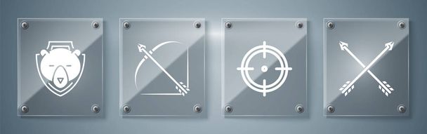 Set Crossed arrows, Target sport for shooting competition, Bow and arrow in quiver and Bear head on shield. Square glass panels. Vector - Vector, Image