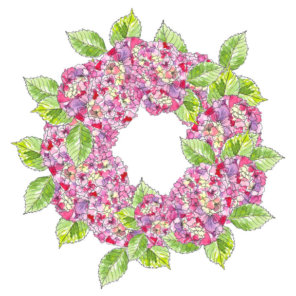 Вінтажний квітковий вітальний вінок з квітучою рожевою гортензією. Садові квіти, ботанічна природна гортензія Ілюстрація на білому в акварельному стилі
. - Фото, зображення