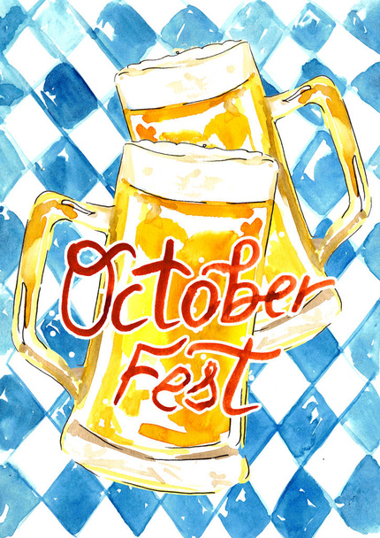 Manifesto per la festa di ottobre, tazze con birra, disegnate con acquerello
 - Foto, immagini