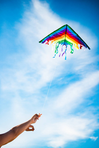 Hands hold beautiful and bright rainbow kite - Fotoğraf, Görsel