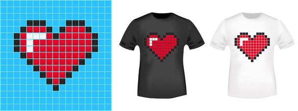 Pixel hart t-shirt print stempel voor tee, t-shirts applique, mode, badge, label retro kleding, jeans, en casual kleding. Vectorillustratie - Vector, afbeelding