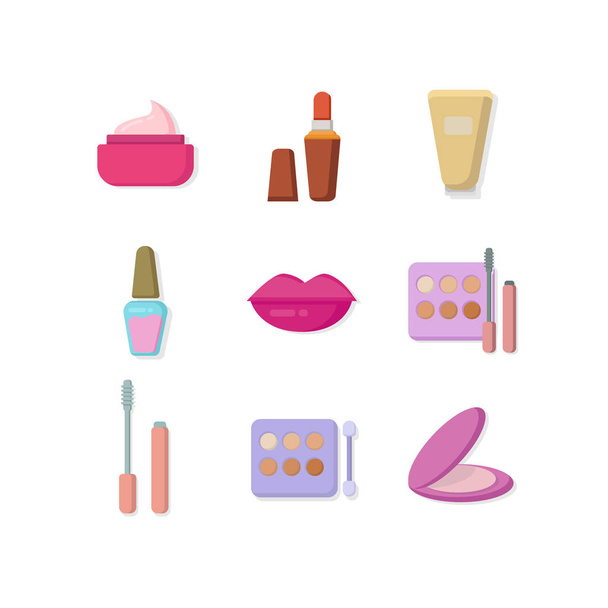 cosmetica platte pictogram set met mascar, poeder, lippenstift, nagellak, lippen pictogrammen - Vector, afbeelding