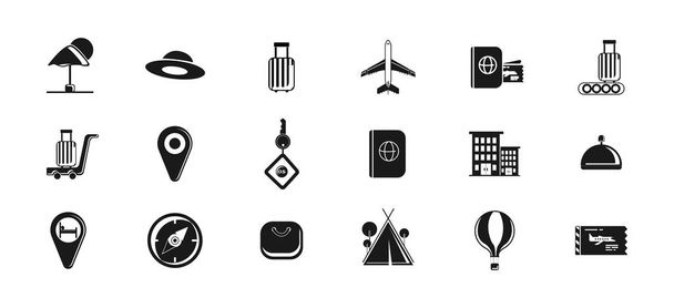 traveling icon set with balloon, airplane ticket, luggage, geolocation, hotel vector icons - Vector, Image