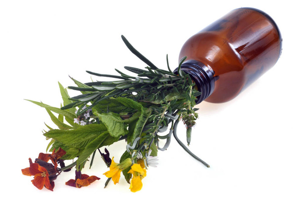 Gyógynövény-gyógyszer koncepció növények és virágok jönnek ki egy palackból, közel a fehér háttér - Fotó, kép