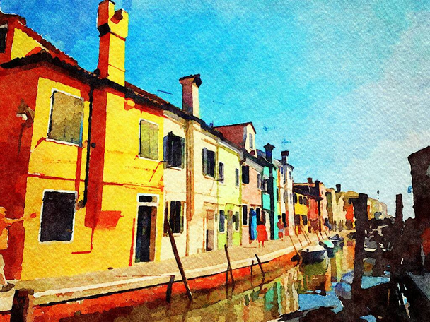 Venedik 'teki Burano kanallarındaki renkli binalar. - Fotoğraf, Görsel