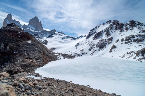 Icy lake melting in the base of FItz Roy Mountain, Patagonia, Argentina - Photo, Image