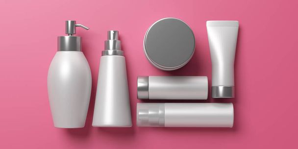 Embalagens de cosméticos em branco isoladas em fundo rosa, ilustração 3d
 - Foto, Imagem