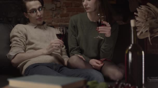 Couple celebrating event with red wine, shallow depth of field, slow motion - Filmati, video