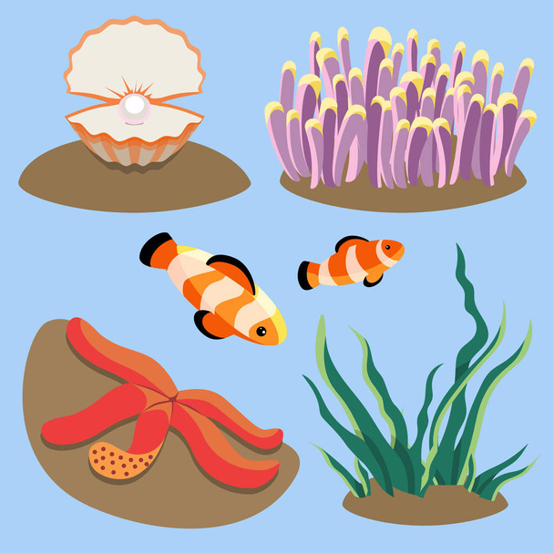 conjunto de ilustrações com corais marinhos estrela do mar, peixe palhaço, ostra com uma pérola e alga. plantas subaquáticas coloridas e animais. vida marinha
 - Vetor, Imagem