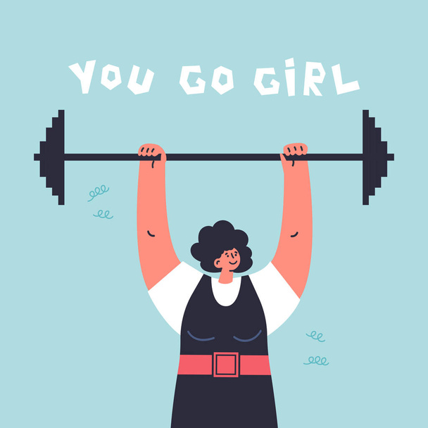Happy young woman with barbell.Feminism concept - ベクター画像