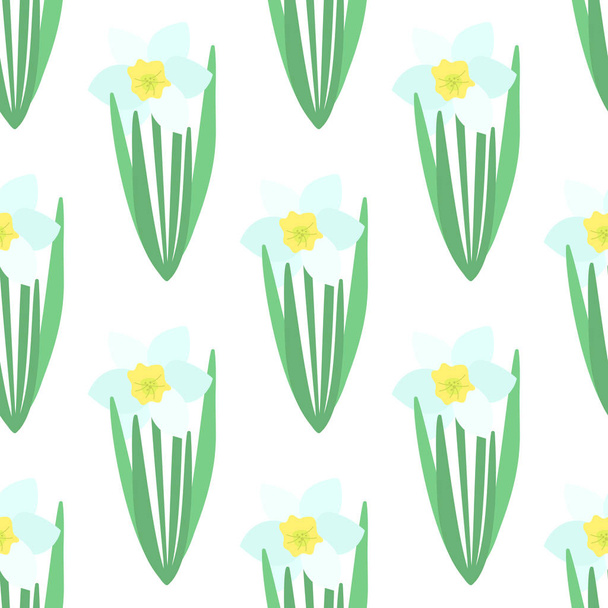 Patrón sin costuras. Flor Narciso Blanco con hojas verdes. Flores de primavera. Vector botánico dibujado a mano. Flor de narciso
 - Vector, imagen