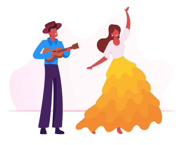 Young Man Playing Ukulele Guitar to Girl Dancing Traditional Dance at Rio Carnival. Full Height Musician Character Guitarist Virtuoso Music Player Performing on Fair Cartoon Flat Vector Illustration - Vector, Image