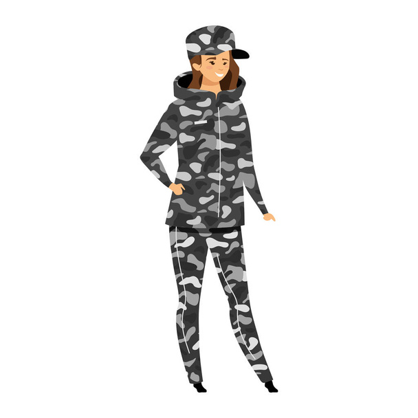 Illustrazione vettoriale a colori piatta soldato donna. Persona in capispalla mimetica. Donna in uniforme militare. Indumento stile sopravvivenza. Spedizioniere isolato personaggio dei cartoni animati su sfondo bianco
 - Vettoriali, immagini