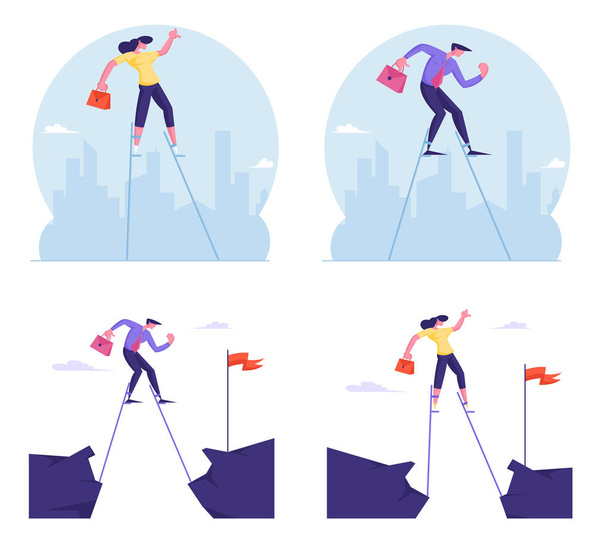 Σύνολο των επιχειρηματιών Ξεπερνώντας τα εμπόδια Διασχίζοντας Άβυσσο για Stilts να πάρει κόκκινη σημαία και την επίτευξη του στόχου. Ενίσχυση καριέρας, Task Solution, Επιχειρηματικός ανταγωνισμός, Leadership Cartoon Flat Vector Illustration - Διάνυσμα, εικόνα