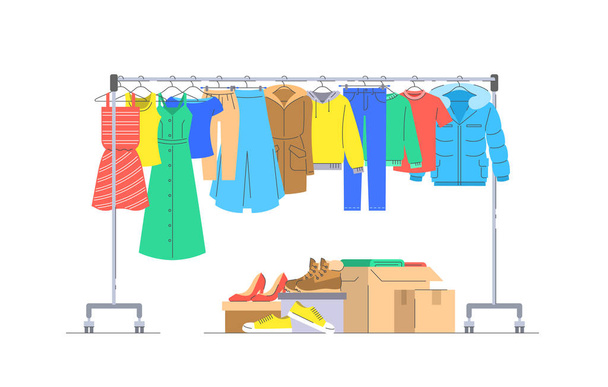 Donation clothes and shoes with hanger rack - Vector, Image