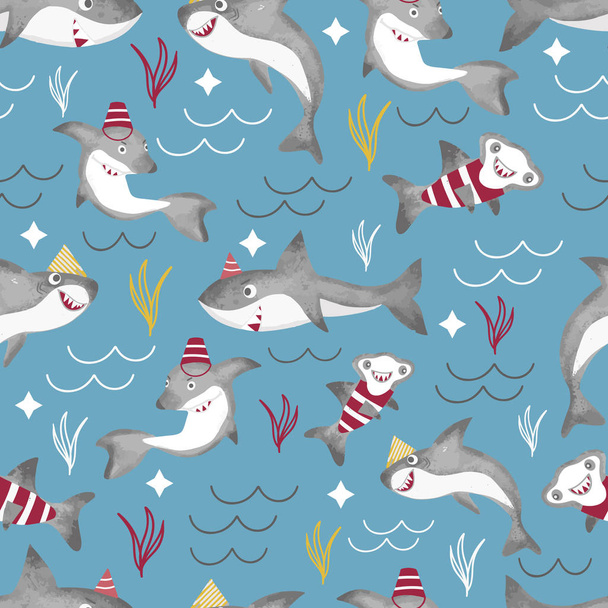 Fondo de patrón sin costura vectorial con tiburones divertidos
.  - Vector, imagen