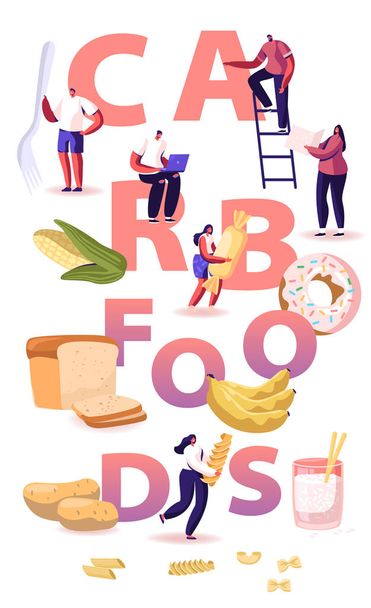 Carb Foods Concept. Tasty and Delicious Diet to Gain Weight with Snacks and Junk. Healthy and Unhealthy Carbohydrate Production Choice Poster Banner Flyer Brochure. Cartoon Flat Vector Illustration - Vector, Image