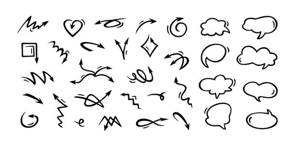 arrows and clouds - illustration, flat elements in black color isolated on white background. Unusual arrows and hand-drawn speech bubbles in a doodling style. concept - blanks for website design and d - Vector, Image