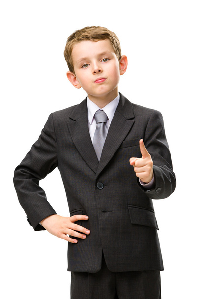 Little business man pointing finger gestures - Fotó, kép