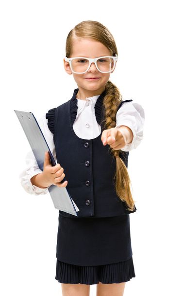Little businesswoman in glasses keeps folder - Фото, зображення
