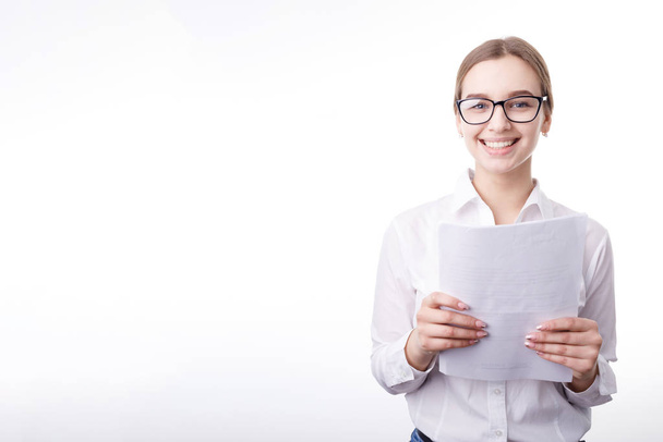 Beautiful Female Office Employee Posing With Papers - Photo, image