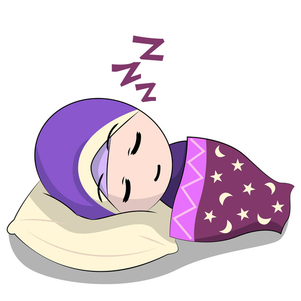 Cartoon chibi muslimische weibliche Figur. Schlafen mit Kissen und Decken. - Vektor, Bild