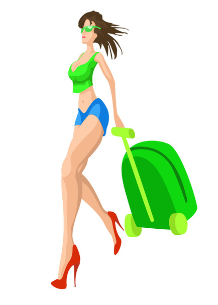 illustration of pretty woman walking with suitcase - Photo, Image